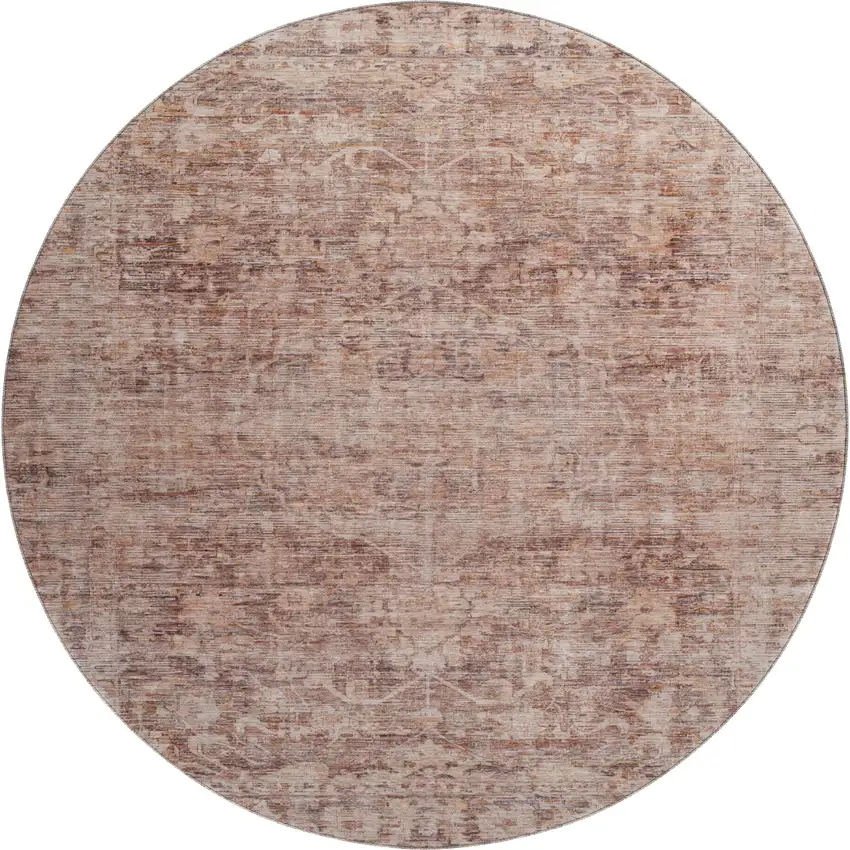 8' Rust And Beige Oriental Washable Round Rug With UV Protection Photo 1