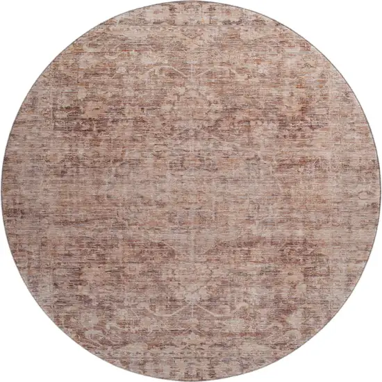 8' Rust And Beige Oriental Washable Round Rug With UV Protection Photo 1