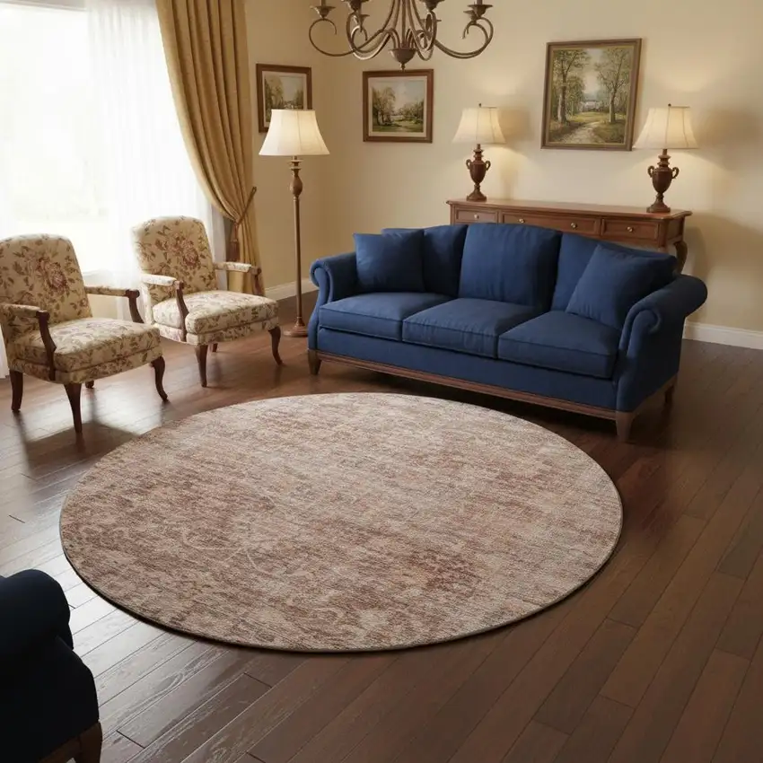 8' Rust And Beige Oriental Washable Round Rug With UV Protection Photo 2