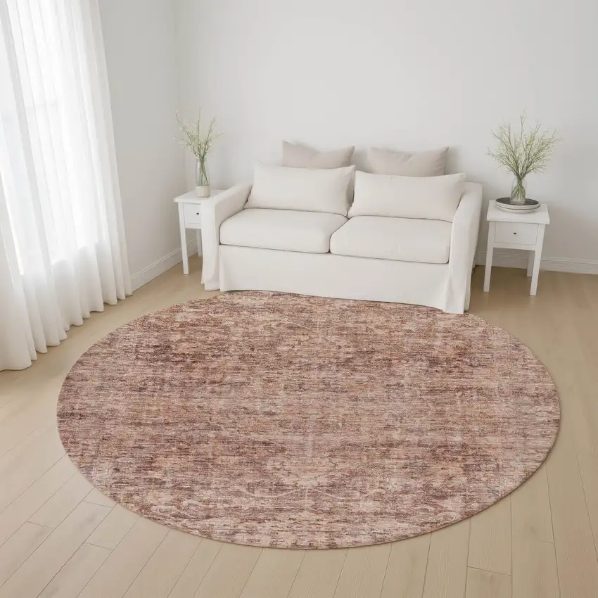 8' Rust And Beige Oriental Washable Round Rug With UV Protection Photo 4