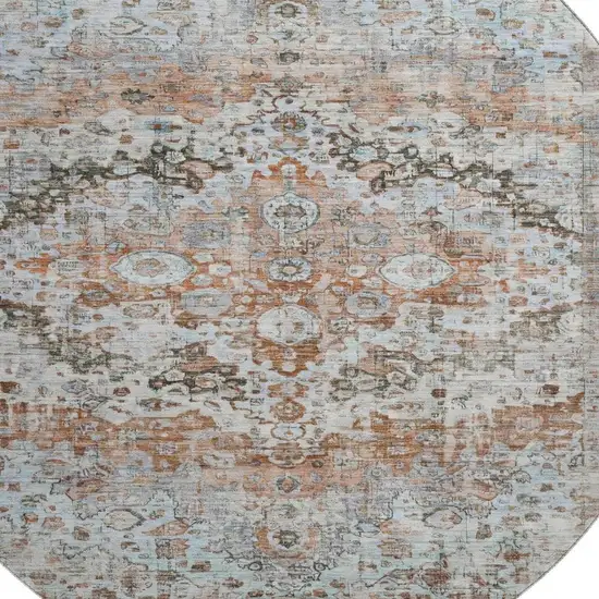 8' Rust And Beige Oriental Washable Round Rug With UV Protection Photo 2
