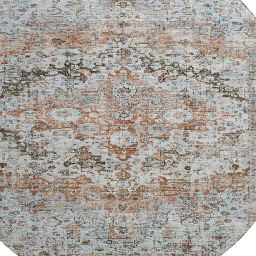 8' Rust And Beige Oriental Washable Round Rug With UV Protection Photo 2