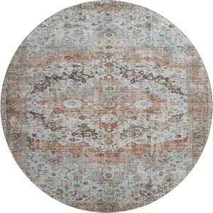 Photo of 8' Rust And Beige Oriental Washable Round Rug With UV Protection