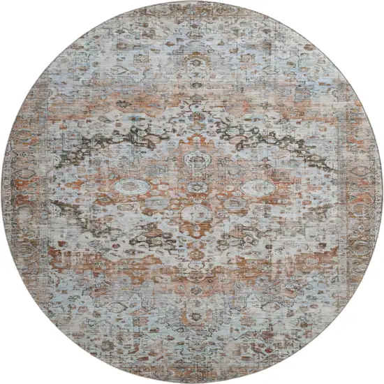 8' Rust And Beige Oriental Washable Round Rug With UV Protection Photo 1