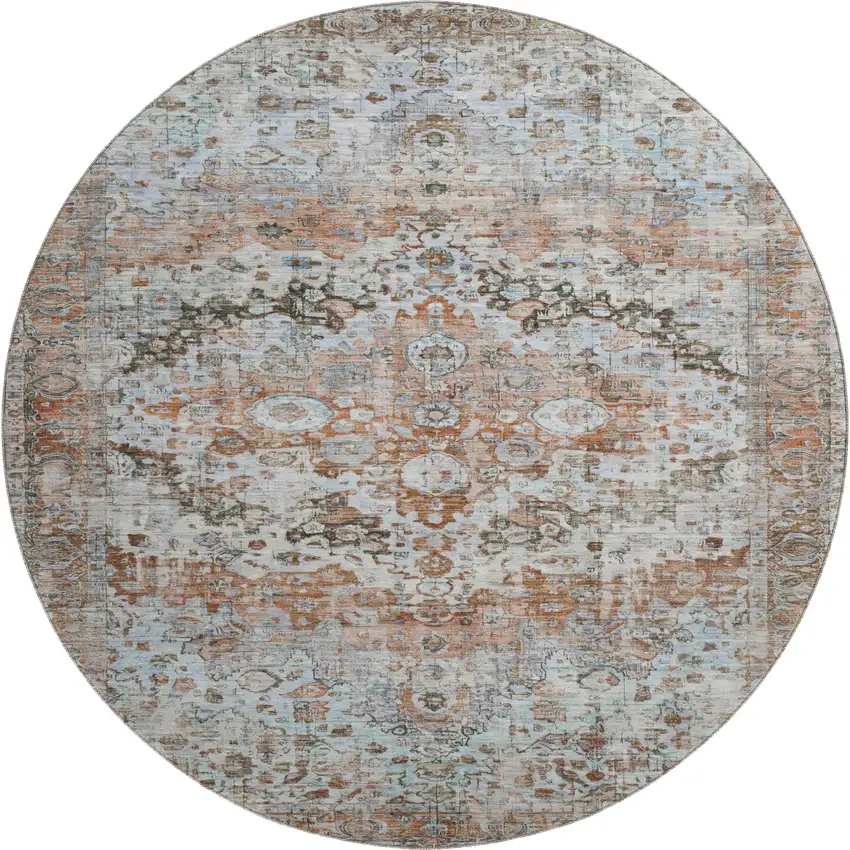 8' Rust And Beige Oriental Washable Round Rug With UV Protection Photo 1