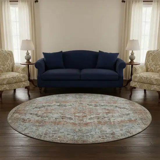 8' Rust And Beige Oriental Washable Round Rug With UV Protection Photo 2