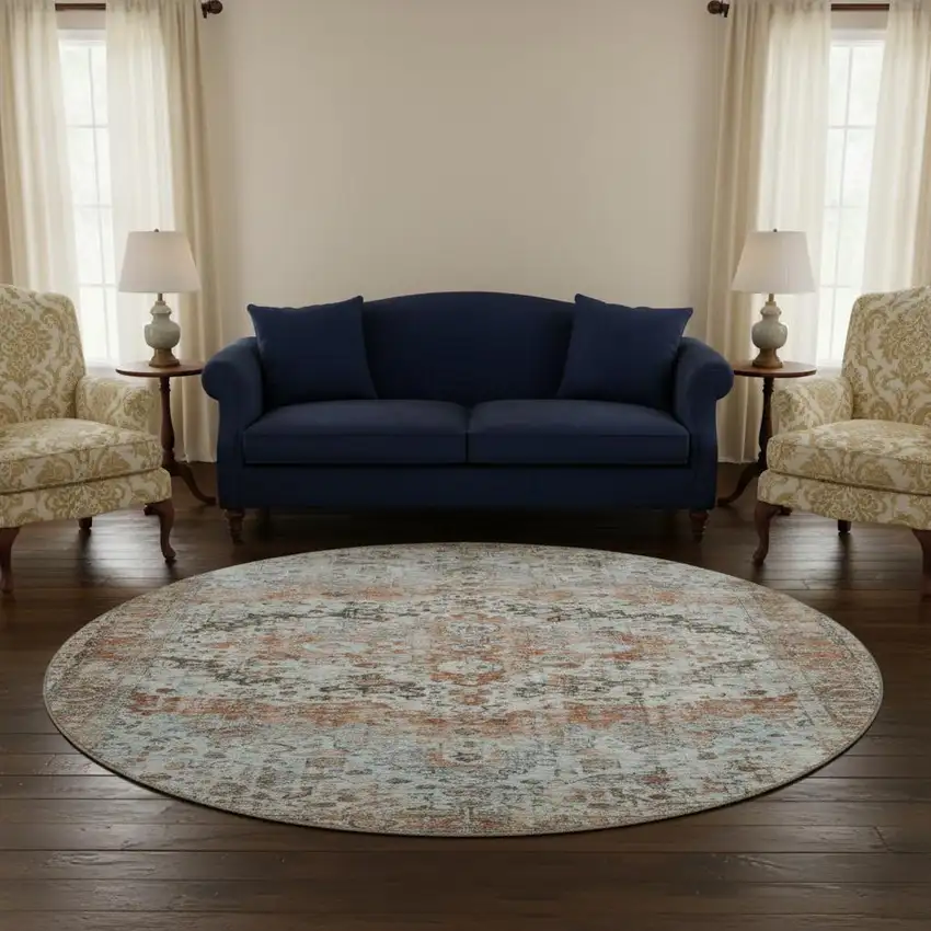 8' Rust And Beige Oriental Washable Round Rug With UV Protection Photo 2