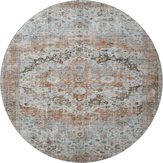 8' Rust And Beige Oriental Washable Round Rug With UV Protection Photo 3