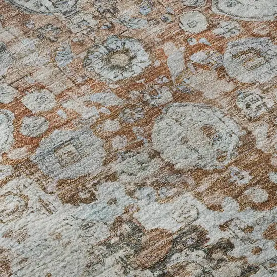 8' Rust And Beige Oriental Washable Round Rug With UV Protection Photo 9