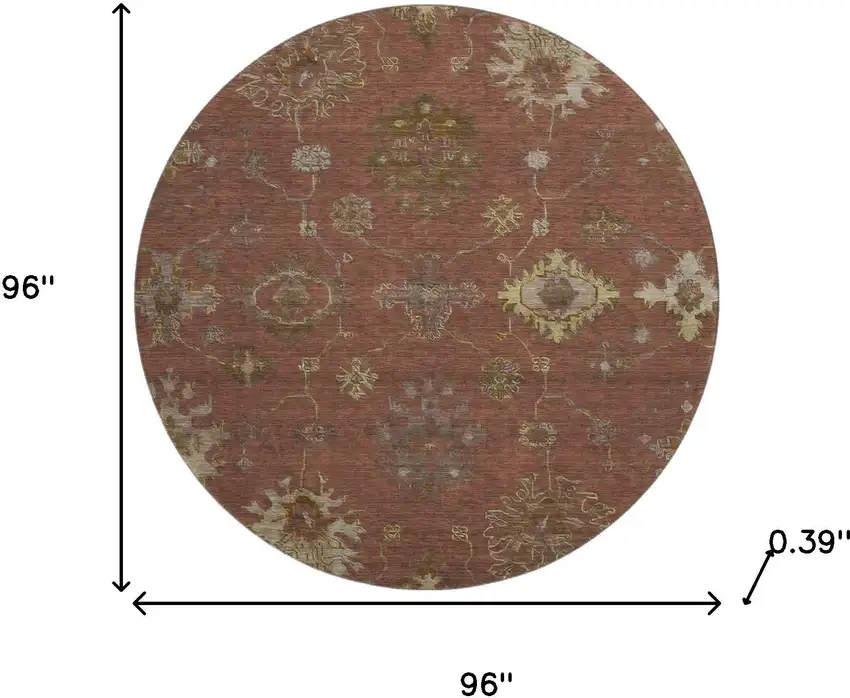 8' Rust And Beige Oriental Washable Round Rug With UV Protection Photo 8