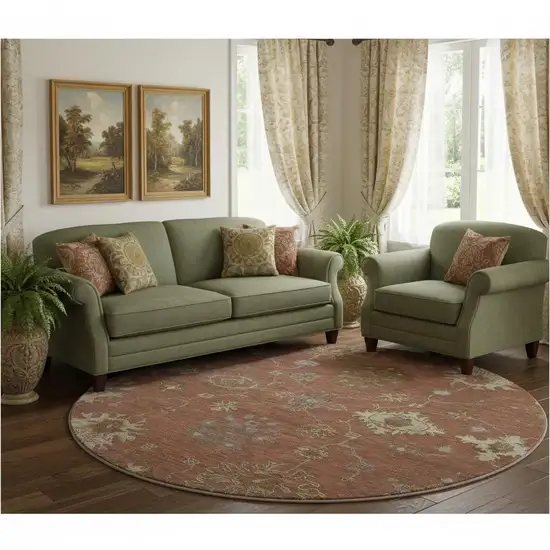 8' Rust And Beige Oriental Washable Round Rug With UV Protection Photo 2
