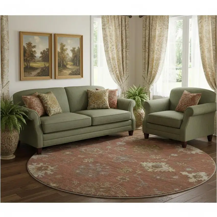 8' Rust And Beige Oriental Washable Round Rug With UV Protection Photo 2