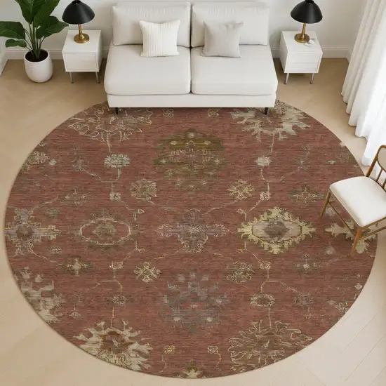 8' Rust And Beige Oriental Washable Round Rug With UV Protection Photo 5