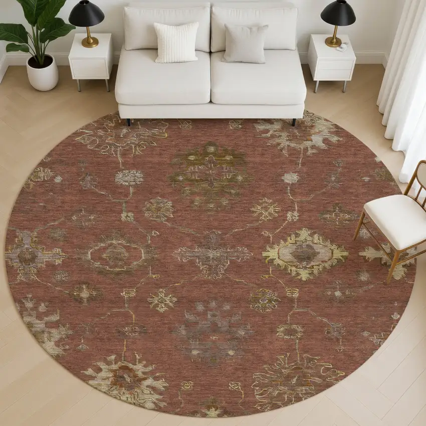 8' Rust And Beige Oriental Washable Round Rug With UV Protection Photo 5