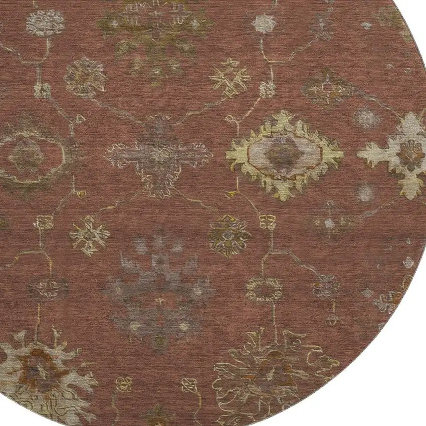 8' Rust And Beige Oriental Washable Round Rug With UV Protection Photo 3