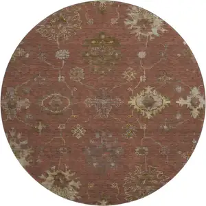 Photo of 8' Rust And Beige Oriental Washable Round Rug With UV Protection