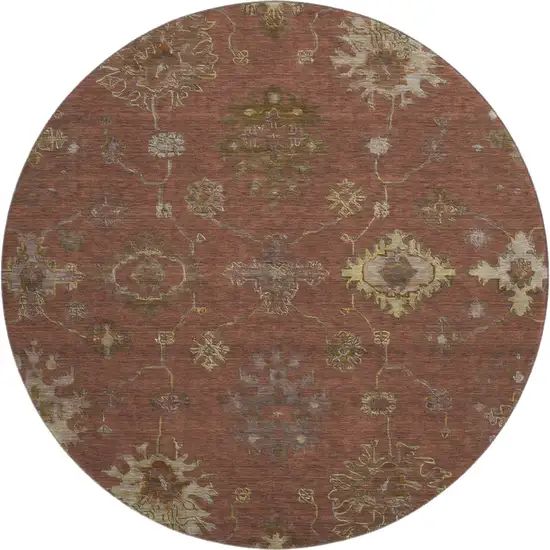 8' Rust And Beige Oriental Washable Round Rug With UV Protection Photo 1