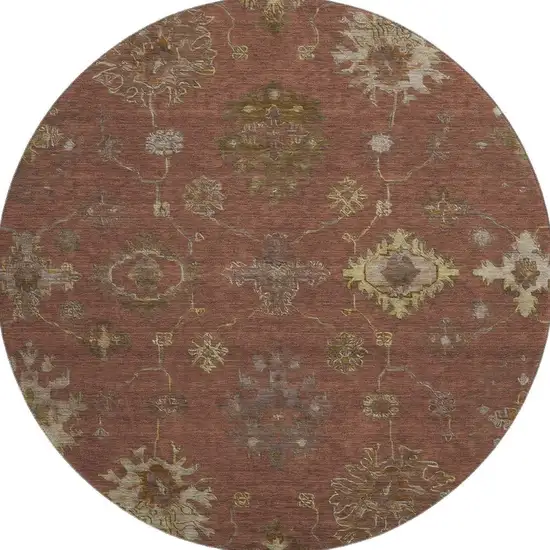 8' Rust And Beige Oriental Washable Round Rug With UV Protection Photo 4