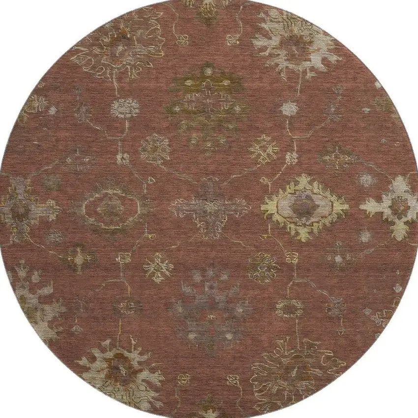 8' Rust And Beige Oriental Washable Round Rug With UV Protection Photo 4
