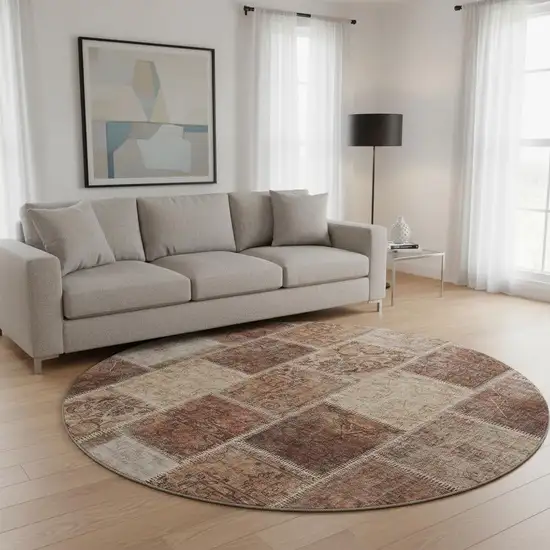 8' Rust And Beige Patchwork Washable Round Rug With UV Protection Photo 2