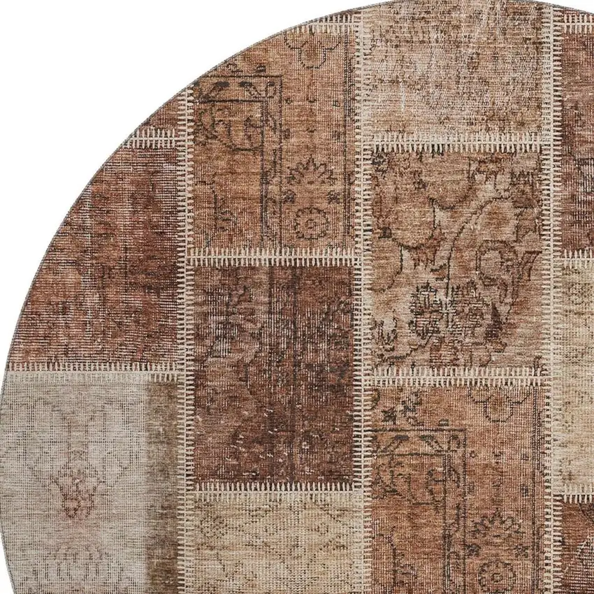 8' Rust And Beige Patchwork Washable Round Rug With UV Protection Photo 4