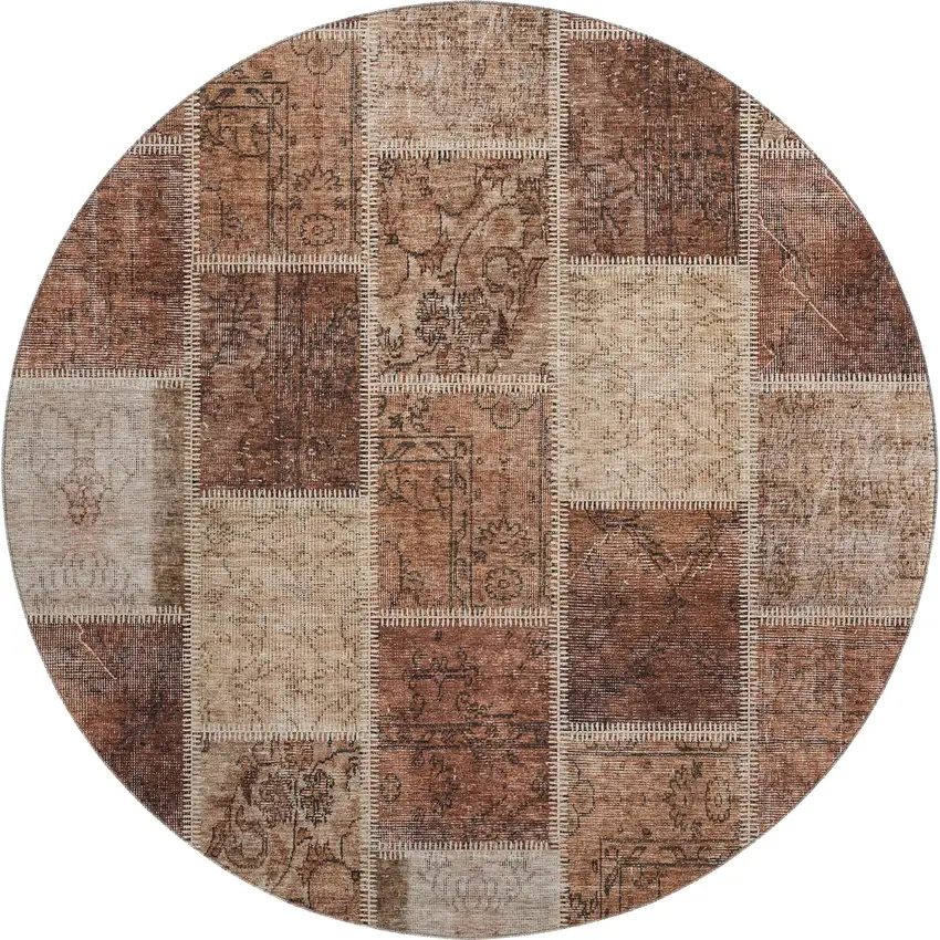8' Rust And Beige Patchwork Washable Round Rug With UV Protection Photo 1