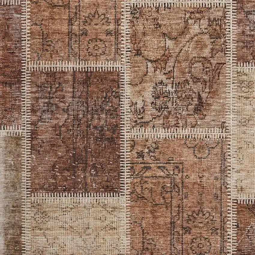 8' Rust And Beige Patchwork Washable Round Rug With UV Protection Photo 3