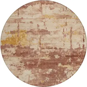 Photo of 8' Rust And Beige Round Abstract Washable Indoor Outdoor Area Rug