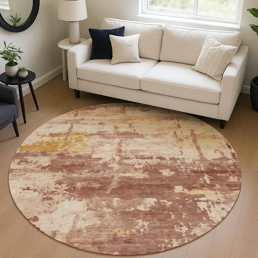 8' Rust And Beige Round Abstract Washable Indoor Outdoor Area Rug Photo 5