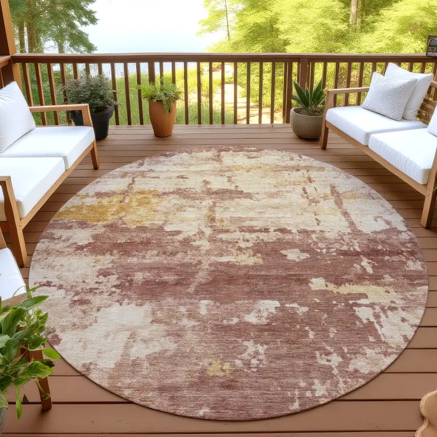 8' Rust And Beige Round Abstract Washable Indoor Outdoor Area Rug Photo 4