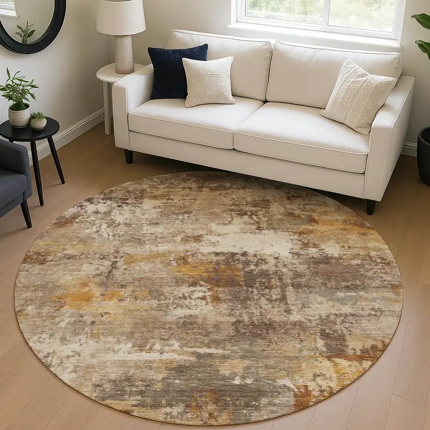 8' Rust And Beige Round Abstract Washable Indoor Outdoor Area Rug Photo 5