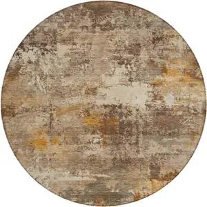 Photo of 8' Rust And Beige Round Abstract Washable Indoor Outdoor Area Rug