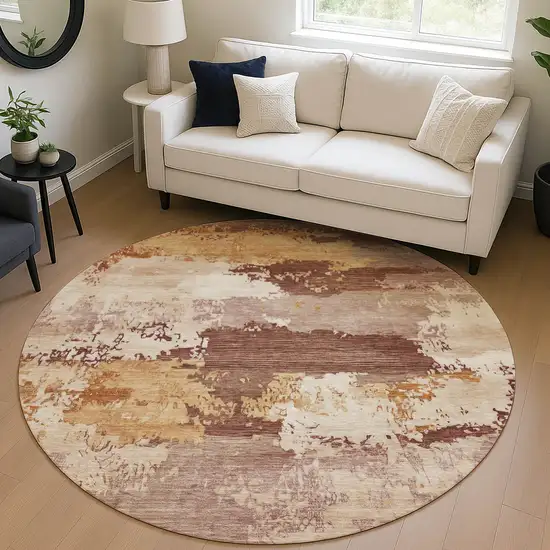 8' Rust And Beige Round Abstract Washable Indoor Outdoor Area Rug Photo 5