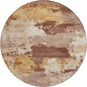Photo of 8' Rust And Beige Round Abstract Washable Indoor Outdoor Area Rug
