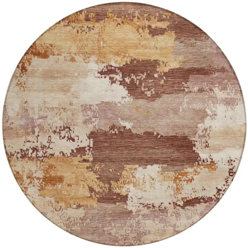 8' Rust And Beige Round Abstract Washable Indoor Outdoor Area Rug Photo 3