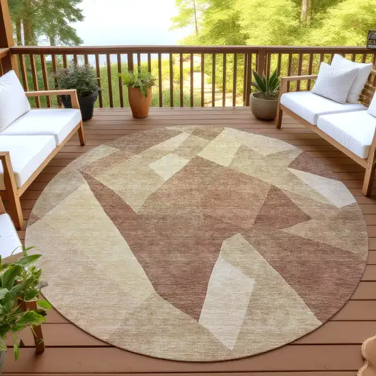 8' Rust And Beige Round Abstract Washable Indoor Outdoor Area Rug Photo 3