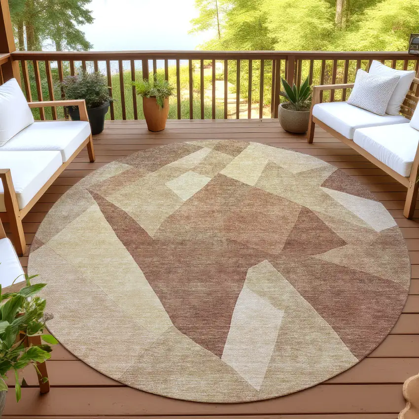 8' Rust And Beige Round Abstract Washable Indoor Outdoor Area Rug Photo 3
