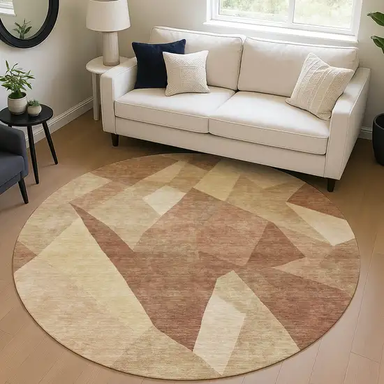 8' Rust And Beige Round Abstract Washable Indoor Outdoor Area Rug Photo 4