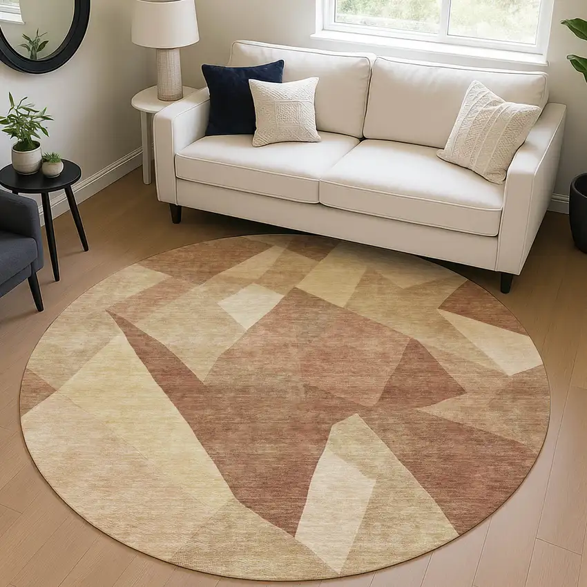 8' Rust And Beige Round Abstract Washable Indoor Outdoor Area Rug Photo 4