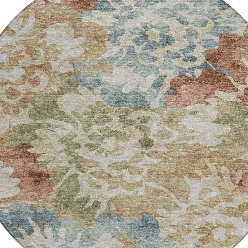8' Rust And Beige Round Floral Washable Indoor Outdoor Area Rug Photo 4