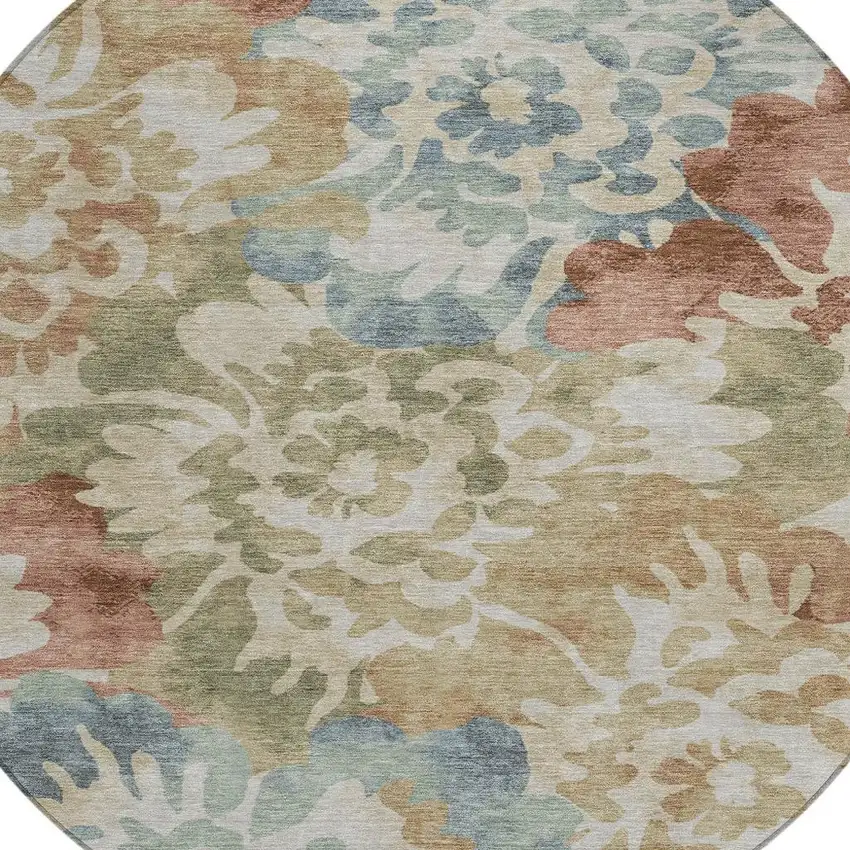 8' Rust And Beige Round Floral Washable Indoor Outdoor Area Rug Photo 8