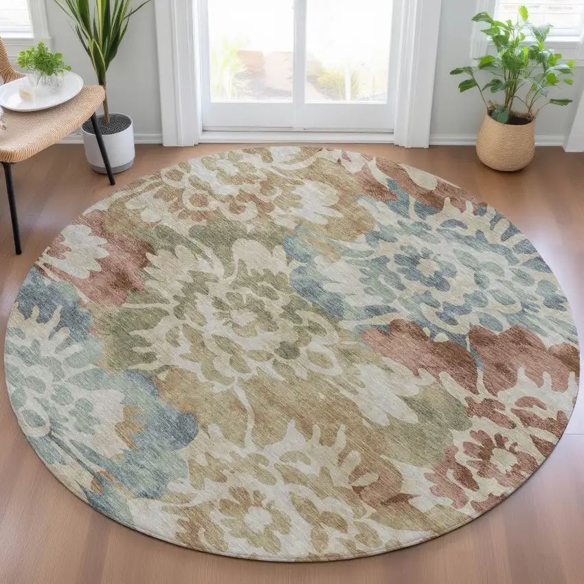 8' Rust And Beige Round Floral Washable Indoor Outdoor Area Rug Photo 6