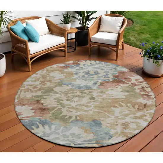 8' Rust And Beige Round Floral Washable Indoor Outdoor Area Rug Photo 2