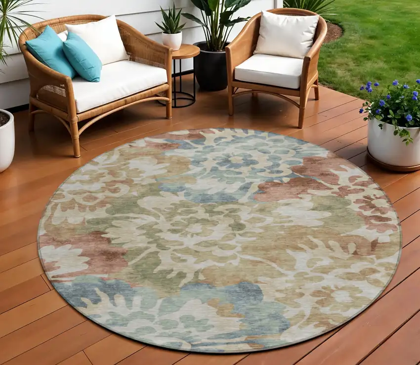 8' Rust And Beige Round Floral Washable Indoor Outdoor Area Rug Photo 2