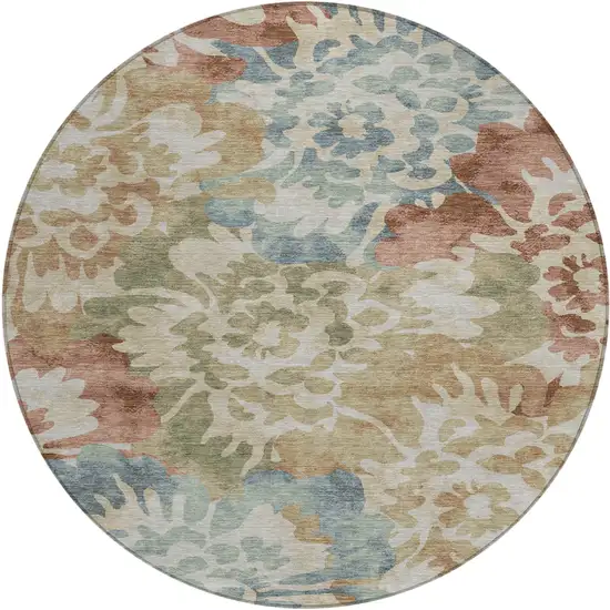 8' Rust And Beige Round Floral Washable Indoor Outdoor Area Rug Photo 1