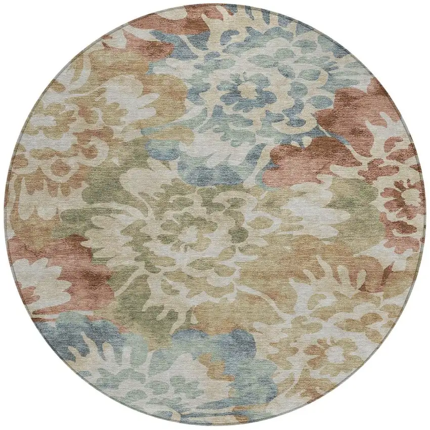 8' Rust And Beige Round Floral Washable Indoor Outdoor Area Rug Photo 3