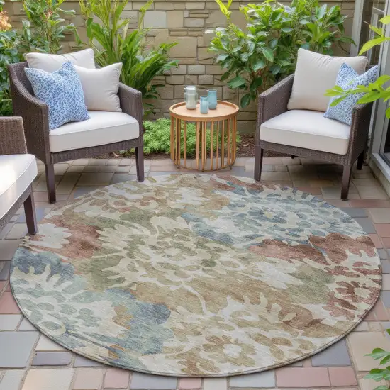8' Rust And Beige Round Floral Washable Indoor Outdoor Area Rug Photo 5