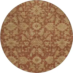 Photo of 8' Rust And Beige Round Floral Washable Indoor Outdoor Area Rug