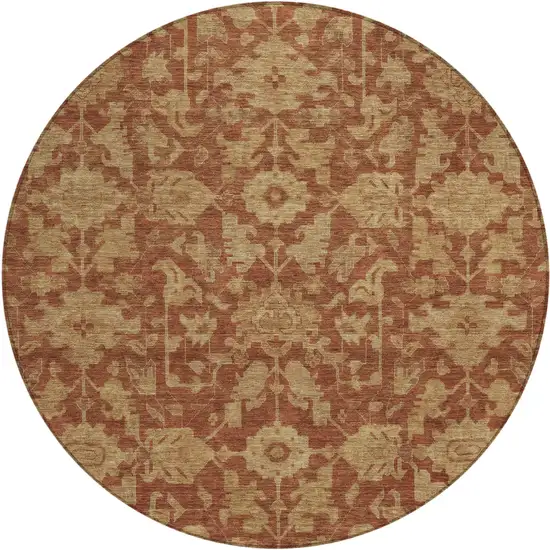 8' Rust And Beige Round Floral Washable Indoor Outdoor Area Rug Photo 1