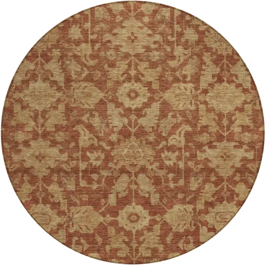 8' Rust And Beige Round Floral Washable Indoor Outdoor Area Rug Photo 1
